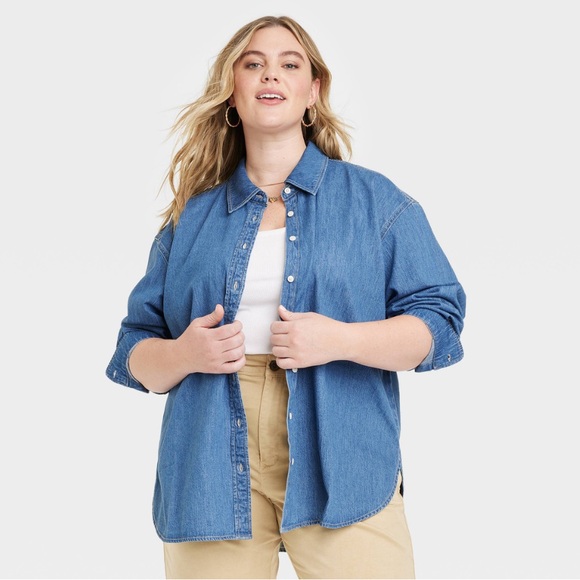 Universal Thread Tops - Universal Thread Women's Oversized Long Sleeve Collared Button-Down Shirt Indigo